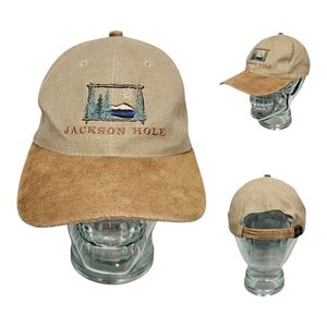 Vintage Jackson Hole Wyoming Strapback Hat Adjustable Adult Cap Beige x‎ Brown
